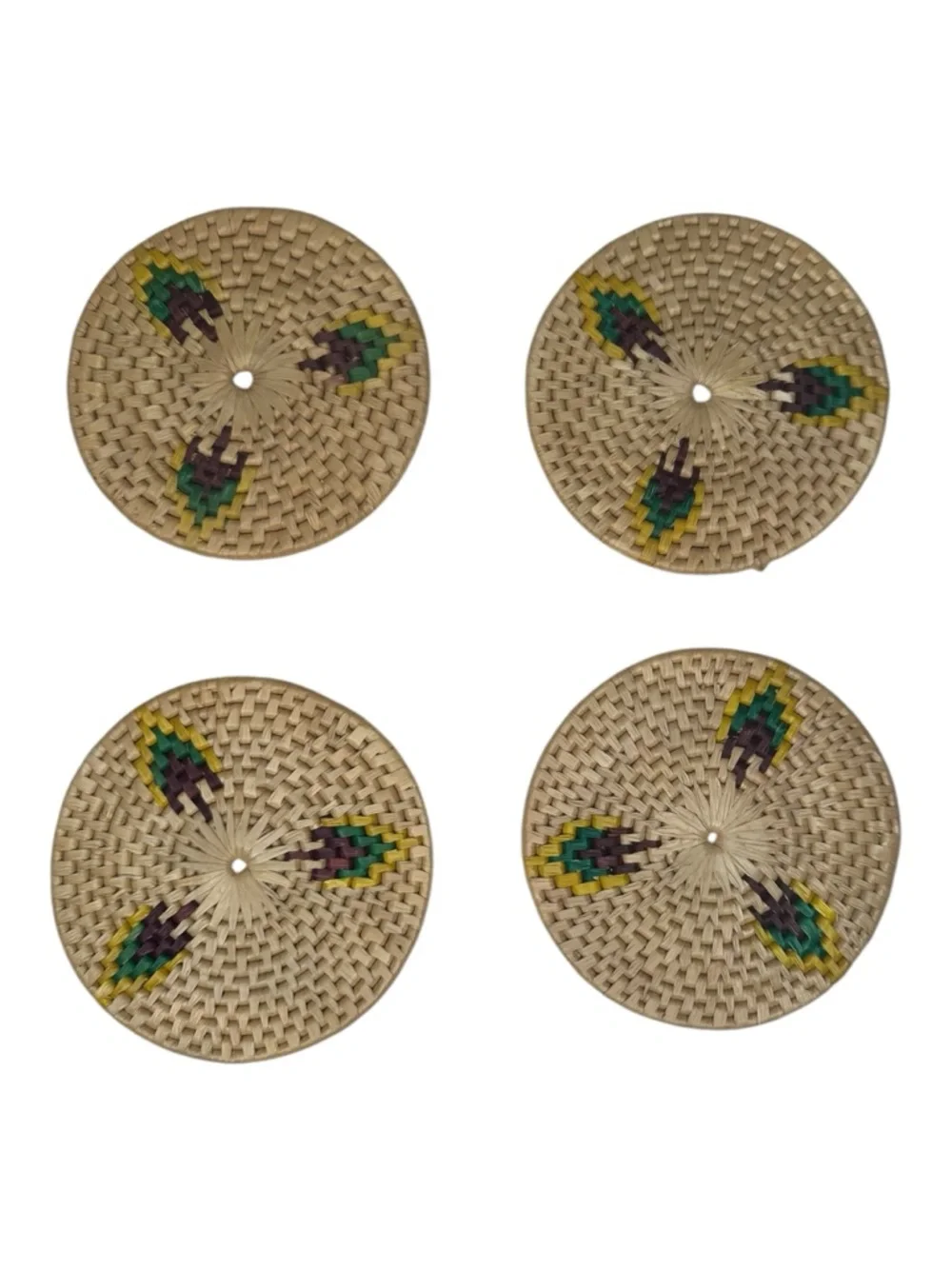 Woven Rattan Coasters Set of 4 with Green & Yellow Accents